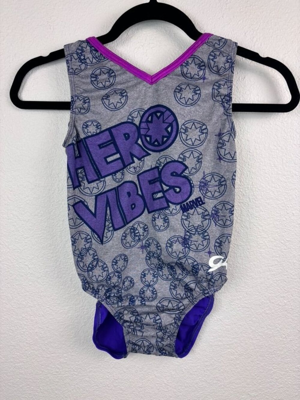 GK Elite adult XS AXS marvel grey purple gymnastics leotard sleeveless gym